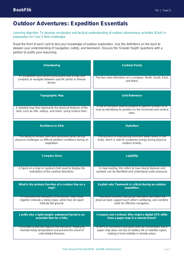 Free Outdoor Adventures Flashcards | Year 5 Greater Depth | BookFlik worksheet preview — Pe Outdoor Adventures