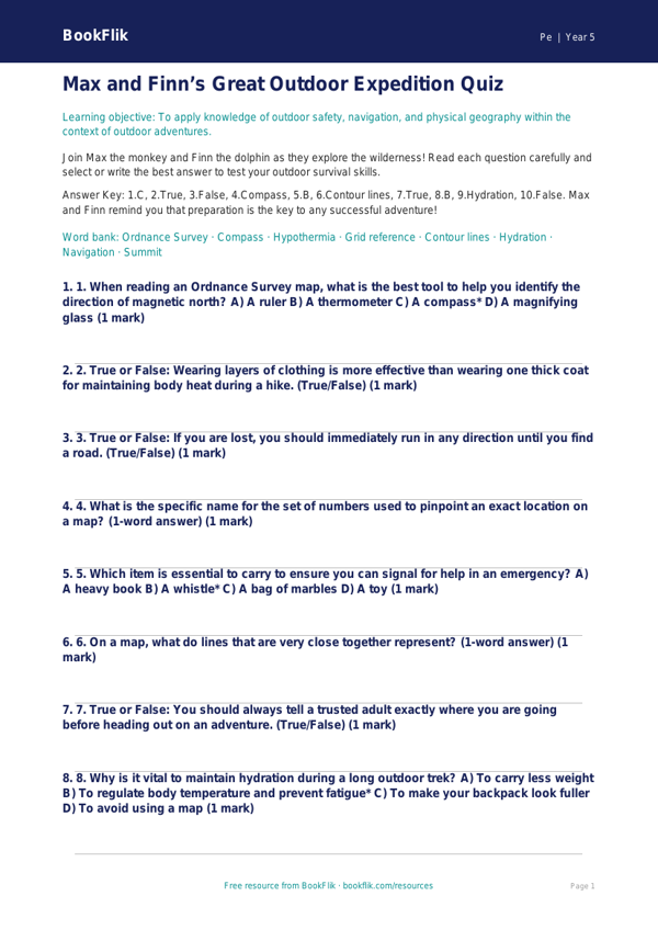 Free Outdoor Adventures Quiz | Year 5 Greater Depth | BookFlik worksheet preview — Pe Outdoor Adventures