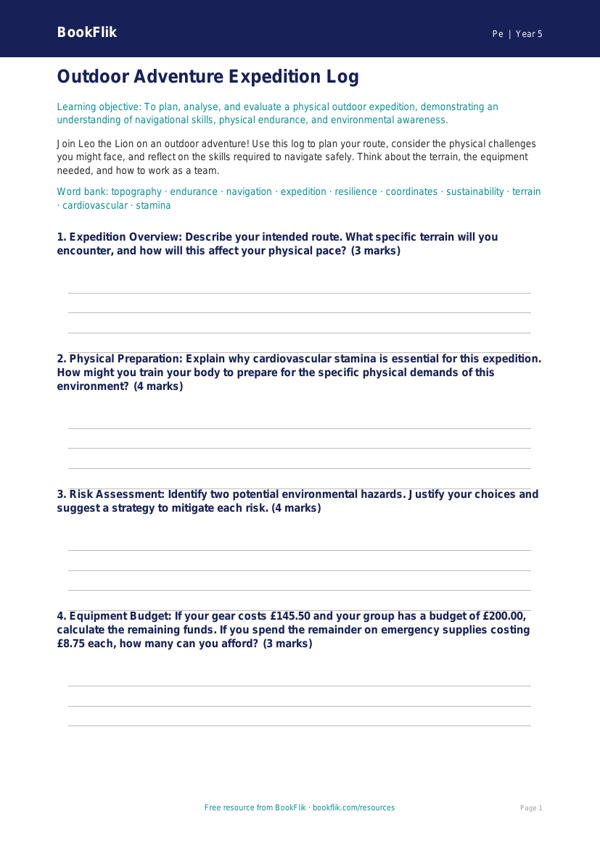 Free Outdoor Adventures Template | Year 5 Greater Depth | BookFlik worksheet preview — Pe Outdoor Adventures