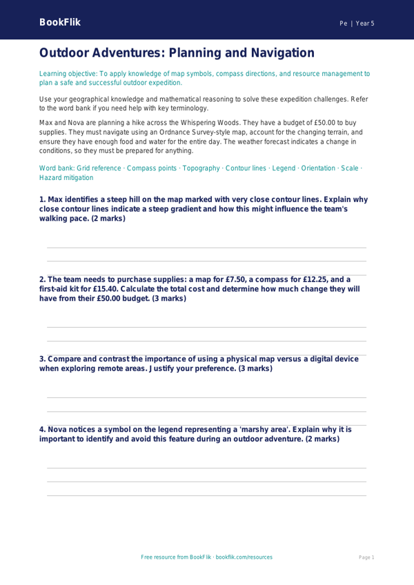 Free Outdoor Adventures Worksheet | Year 5 Greater Depth | BookFlik worksheet preview — Pe Outdoor Adventures