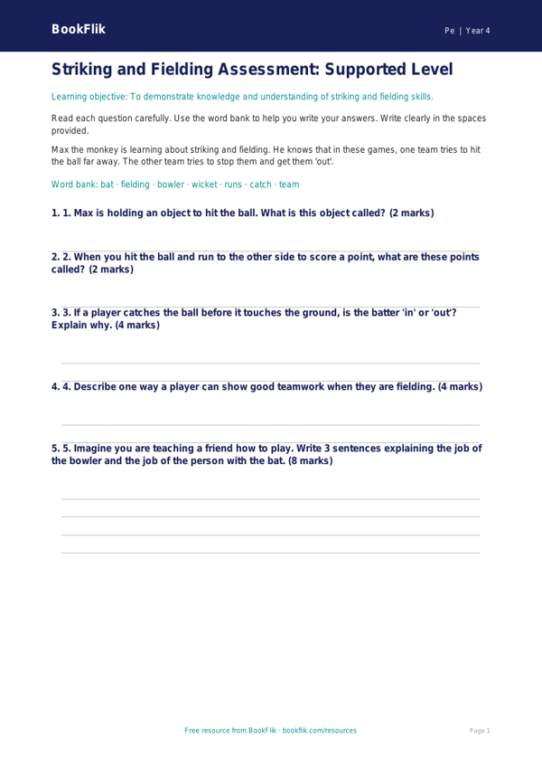 Free Striking And Fielding Assessment | Year 4 Supported | BookFlik worksheet preview — Pe Striking And Fielding