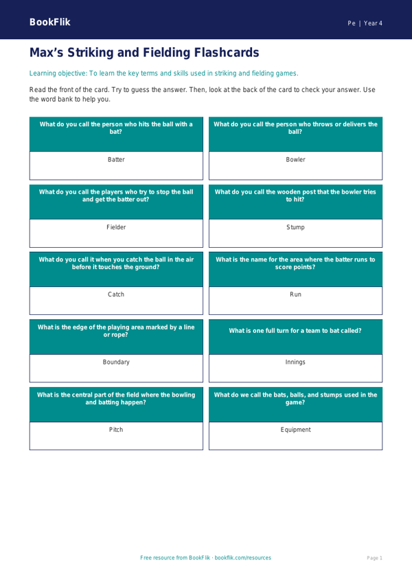 Free Striking And Fielding Flashcards | Year 4 Supported | BookFlik worksheet preview — Pe Striking And Fielding