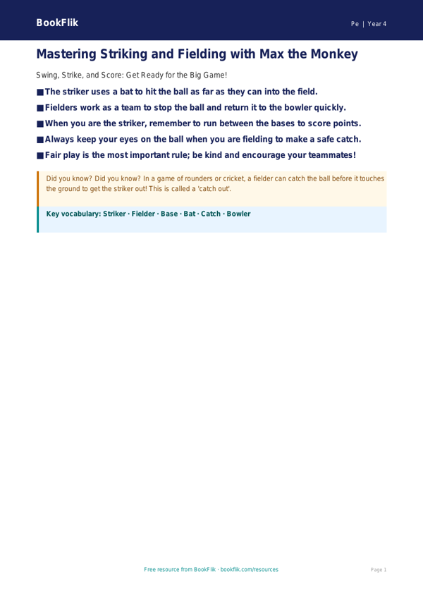Free Striking And Fielding Poster | Year 4 Supported | BookFlik worksheet preview — Pe Striking And Fielding