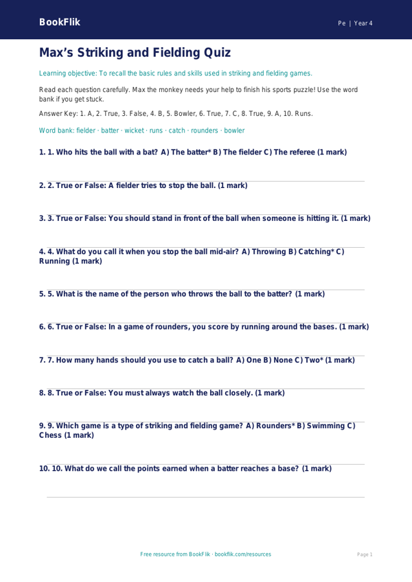 Free Striking And Fielding Quiz | Year 4 Supported | BookFlik worksheet preview — Pe Striking And Fielding