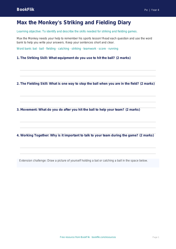 Free Striking And Fielding Template | Year 4 Supported | BookFlik worksheet preview — Pe Striking And Fielding