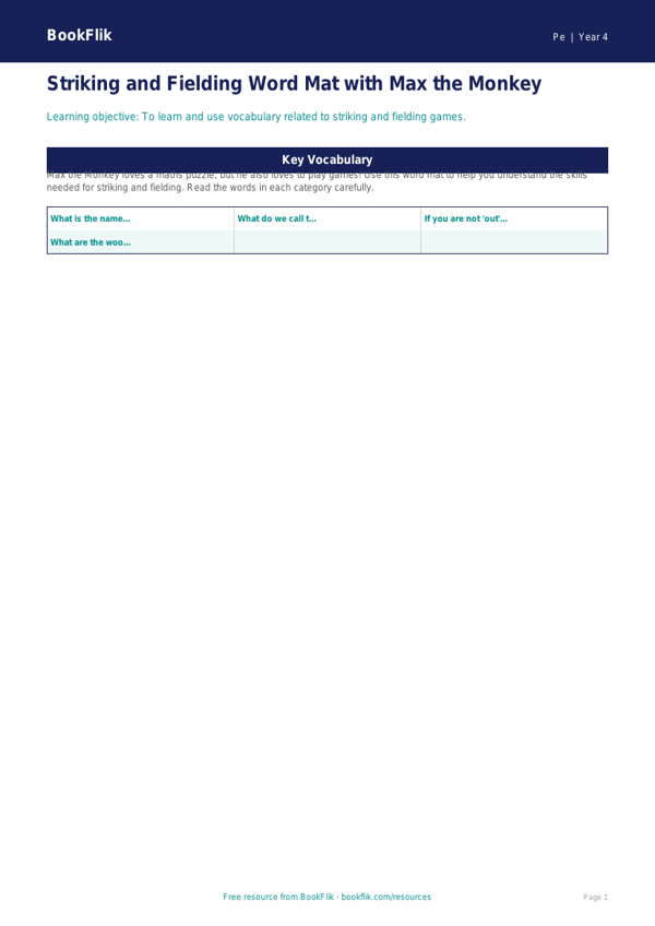 Free Striking And Fielding Word Mat | Year 4 Supported | BookFlik worksheet preview — Pe Striking And Fielding