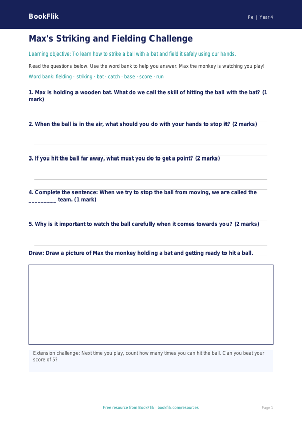 Free Striking And Fielding Worksheet | Year 4 Supported | BookFlik worksheet preview — Pe Striking And Fielding