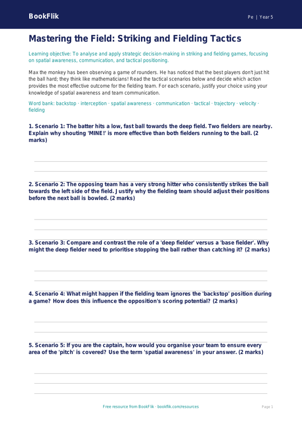 Free Striking And Fielding Activity Sheet | Year 5 Greater Depth | BookFlik worksheet preview — Pe Striking And Fielding