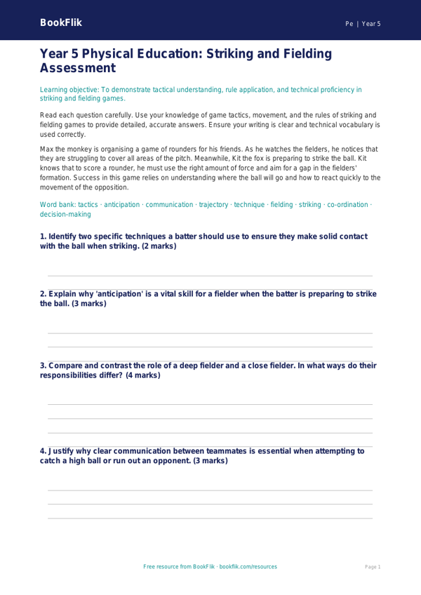 Free Striking And Fielding Assessment | Year 5 Greater Depth | BookFlik worksheet preview — Pe Striking And Fielding