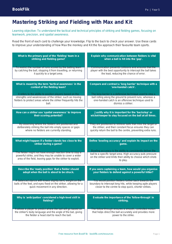 Free Striking And Fielding Flashcards | Year 5 Greater Depth | BookFlik worksheet preview — Pe Striking And Fielding