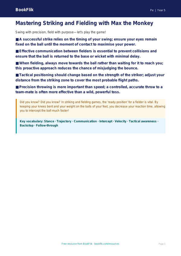 Free Striking And Fielding Poster | Year 5 Greater Depth | BookFlik worksheet preview — Pe Striking And Fielding