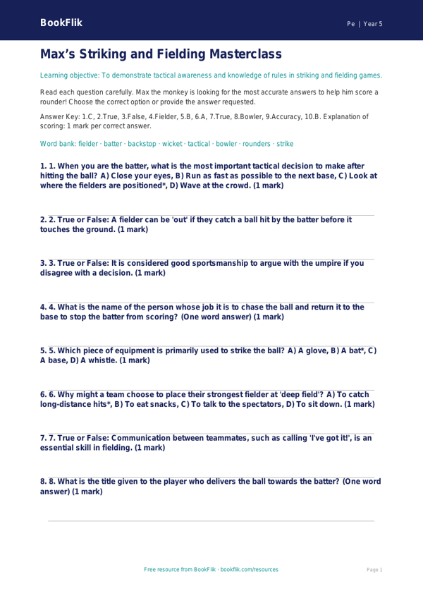 Free Striking And Fielding Quiz | Year 5 Greater Depth | BookFlik worksheet preview — Pe Striking And Fielding