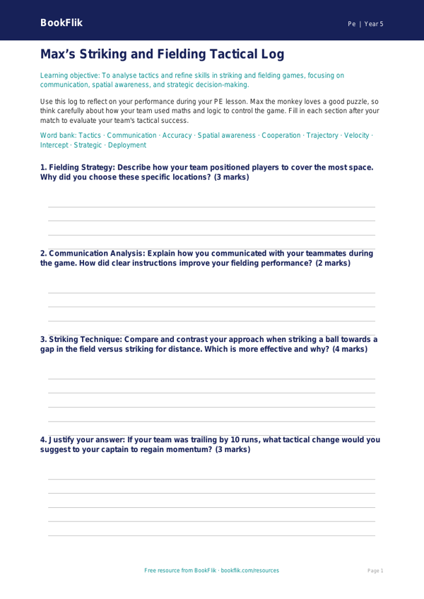 Free Striking And Fielding Template | Year 5 Greater Depth | BookFlik worksheet preview — Pe Striking And Fielding
