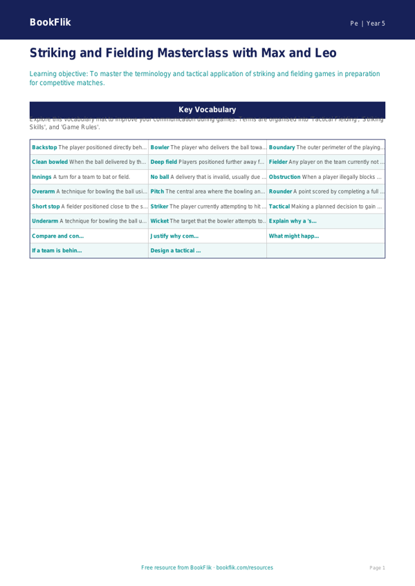 Free Striking And Fielding Word Mat | Year 5 Greater Depth | BookFlik worksheet preview — Pe Striking And Fielding