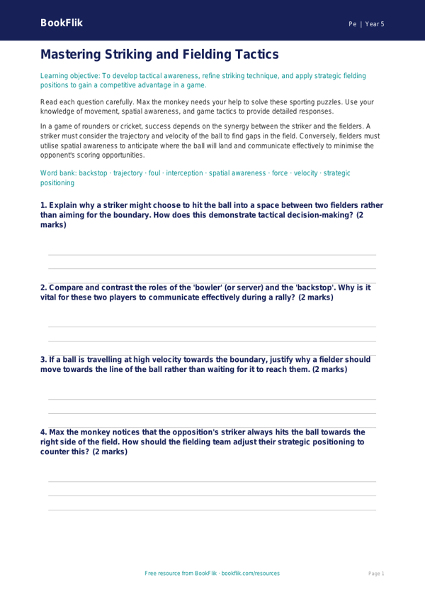 Free Striking And Fielding Worksheet | Year 5 Greater Depth | BookFlik worksheet preview — Pe Striking And Fielding