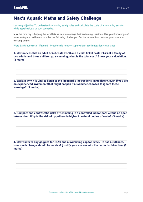 Free Swimming Activity Sheet | Year 5 Greater Depth | BookFlik worksheet preview — Pe Swimming