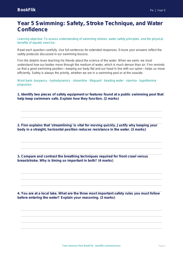 Free Swimming Assessment | Year 5 Greater Depth | BookFlik worksheet preview — Pe Swimming