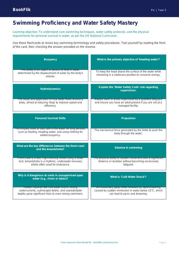 Free Swimming Flashcards | Year 5 Greater Depth | BookFlik worksheet preview — Pe Swimming