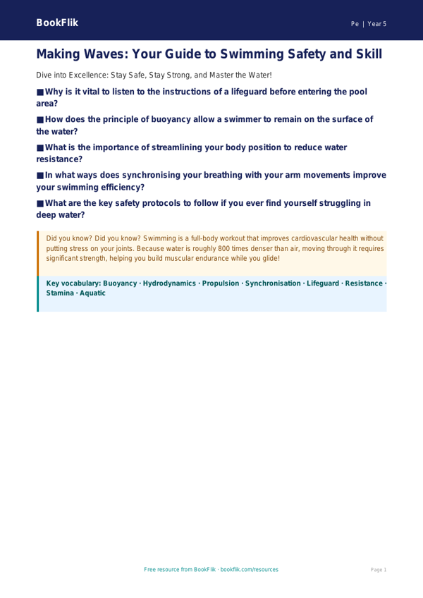 Free Swimming Poster | Year 5 Greater Depth | BookFlik worksheet preview — Pe Swimming