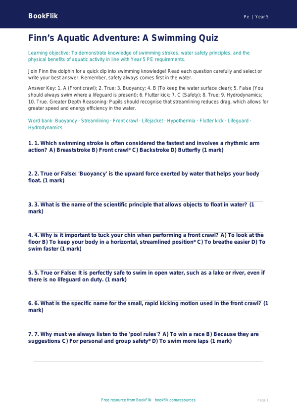 Free Swimming Quiz | Year 5 Greater Depth | BookFlik worksheet preview — Pe Swimming