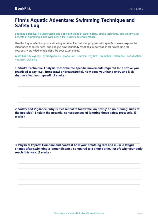Free Swimming Template | Year 5 Greater Depth | BookFlik worksheet preview — Pe Swimming