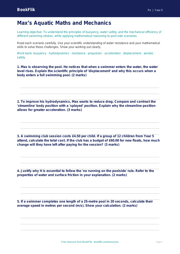 Free Swimming Worksheet | Year 5 Greater Depth | BookFlik worksheet preview — Pe Swimming