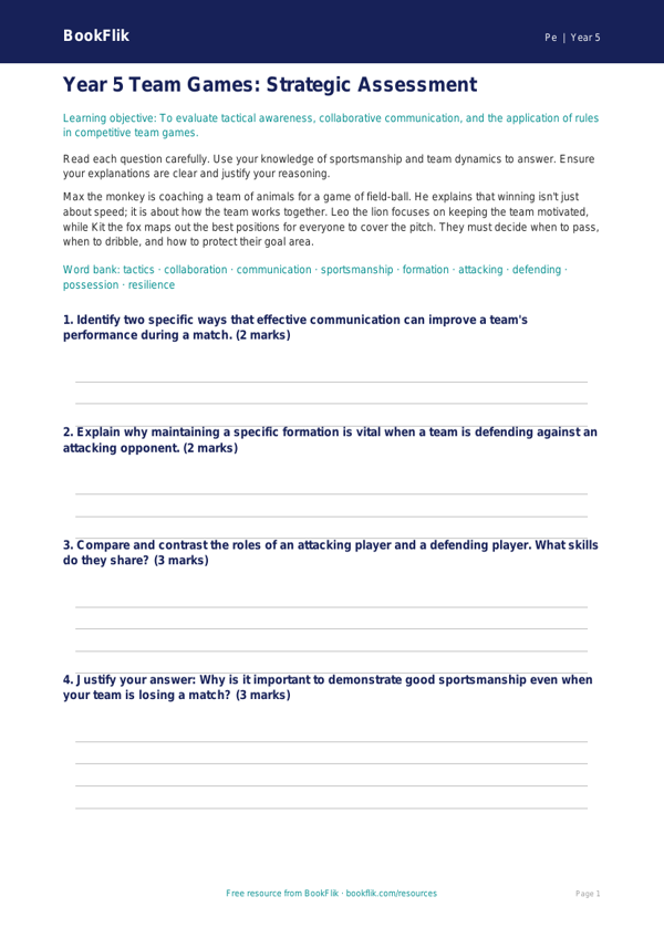 Free Team Games Assessment | Year 5 Greater Depth | BookFlik worksheet preview — Pe Team Games