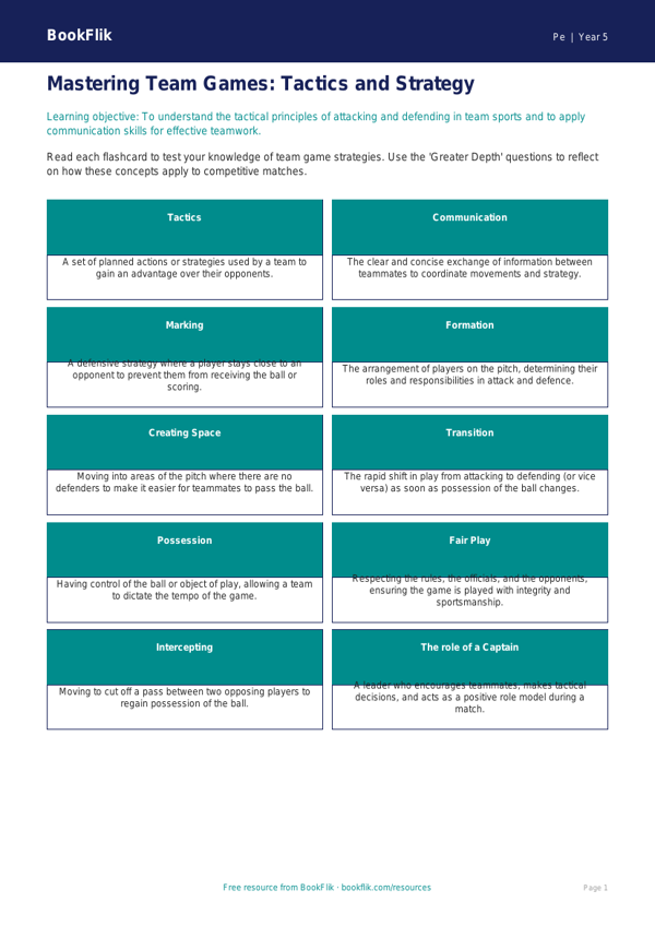 Free Team Games Flashcards | Year 5 Greater Depth | BookFlik worksheet preview — Pe Team Games
