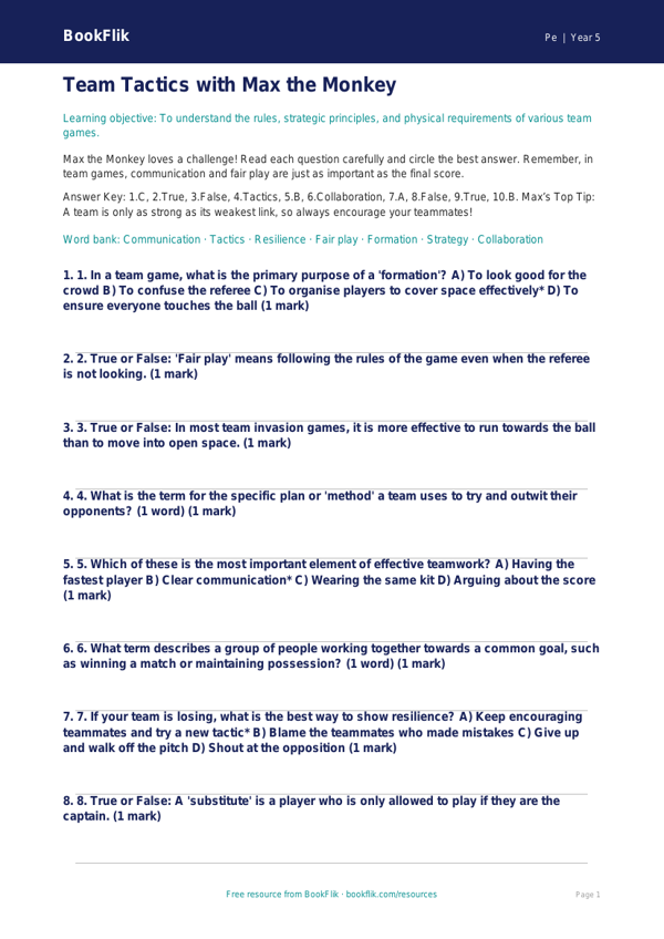 Free Team Games Quiz | Year 5 Greater Depth | BookFlik worksheet preview — Pe Team Games