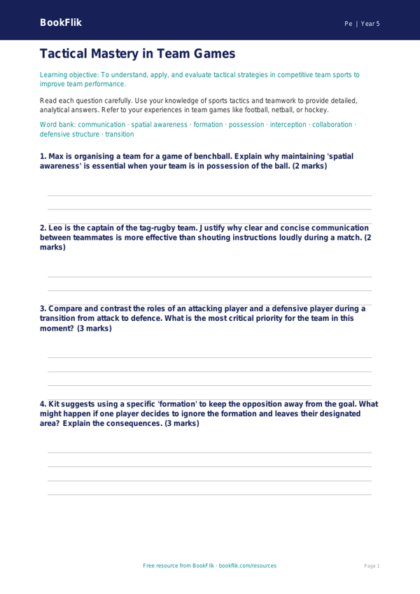Free Team Games Worksheet | Year 5 Greater Depth | BookFlik worksheet preview — Pe Team Games