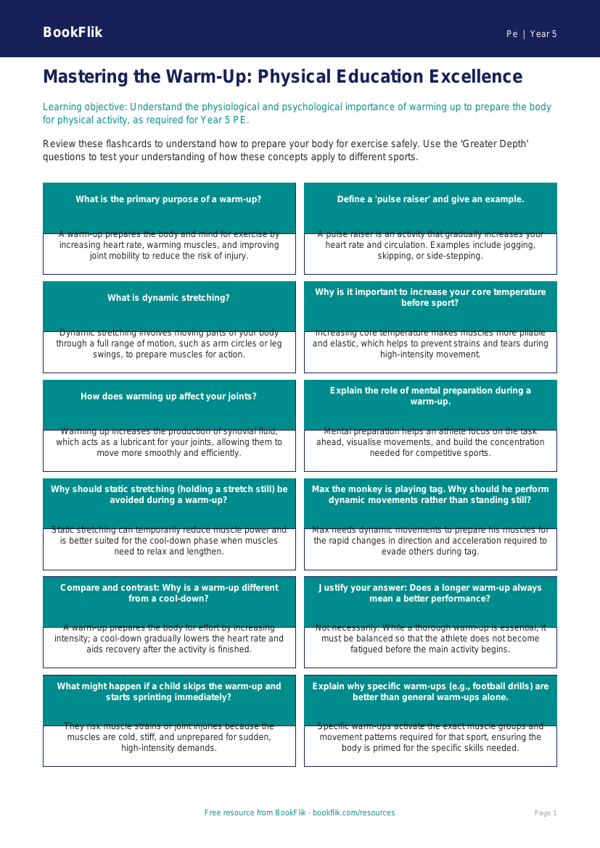 Free Warm Up Flashcards | Year 5 Greater Depth | BookFlik worksheet preview — Pe Warm Up