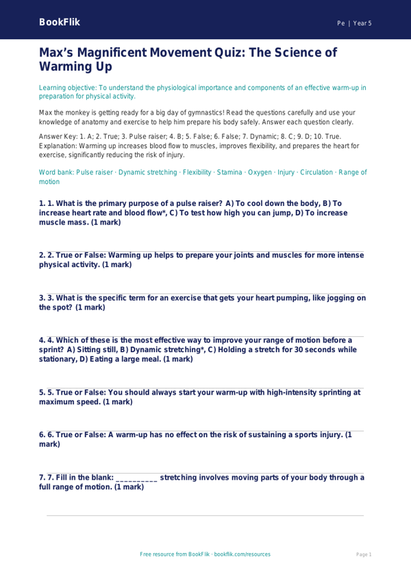 Free Warm Up Quiz | Year 5 Greater Depth | BookFlik worksheet preview — Pe Warm Up
