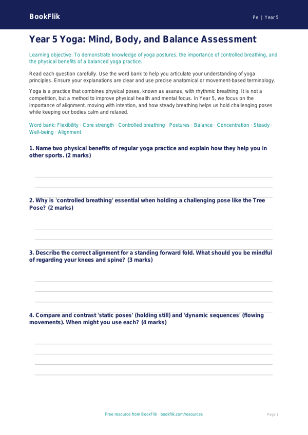 Free Yoga Assessment | Year 5 Greater Depth | BookFlik worksheet preview — Pe Yoga