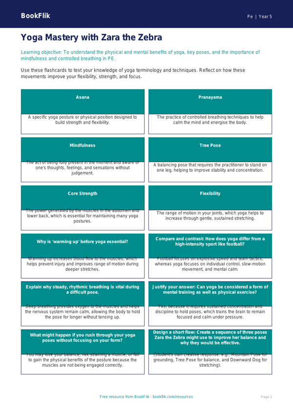 Free Yoga Flashcards | Year 5 Greater Depth | BookFlik worksheet preview — Pe Yoga
