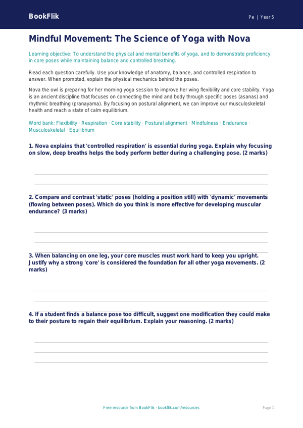 Free Yoga Worksheet | Year 5 Greater Depth | BookFlik worksheet preview — Pe Yoga