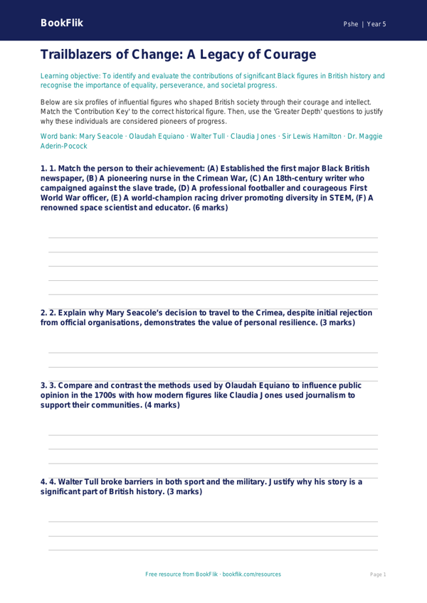 Free Black History Month Activity Sheet | Year 5 Greater Depth | BookFlik worksheet preview — Pshe Black History Month