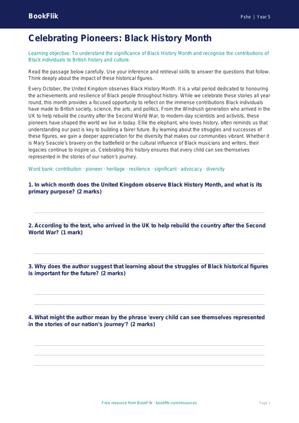 Free Black History Month Comprehension | Year 5 Greater Depth | BookFlik worksheet preview — Pshe Black History Month
