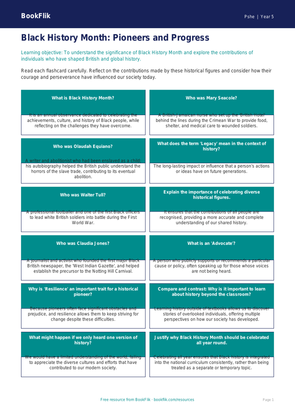 Free Black History Month Flashcards | Year 5 Greater Depth | BookFlik worksheet preview — Pshe Black History Month