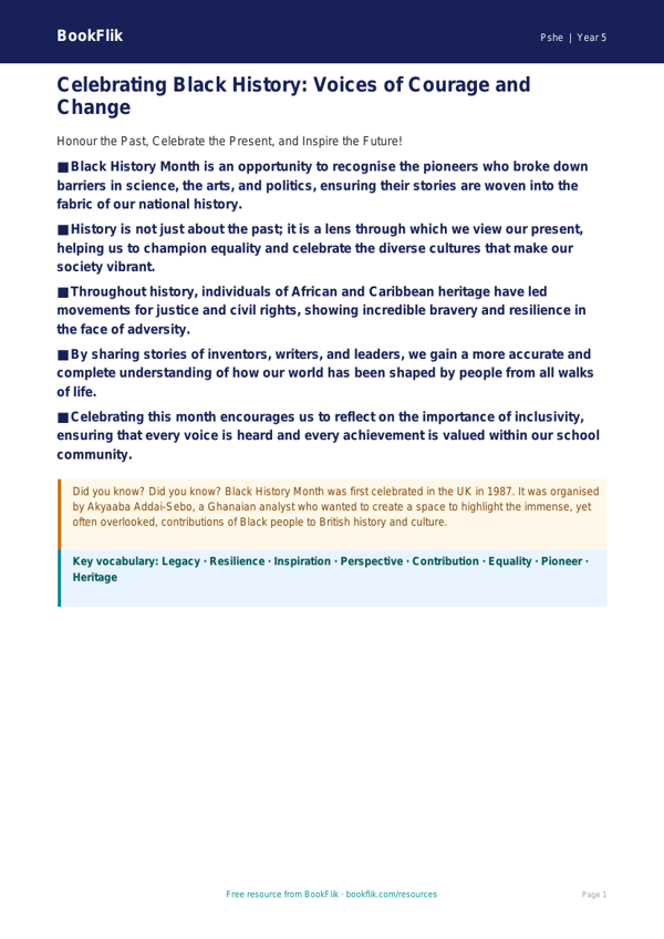 Free Black History Month Poster | Year 5 Greater Depth | BookFlik worksheet preview — Pshe Black History Month