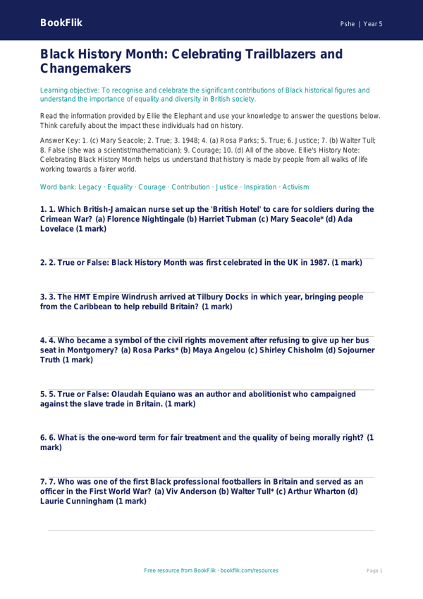 Free Black History Month Quiz | Year 5 Greater Depth | BookFlik worksheet preview — Pshe Black History Month