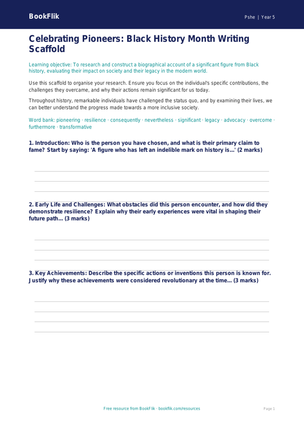 Free Black History Month Writing Frame | Year 5 Greater Depth | BookFlik worksheet preview — Pshe Black History Month