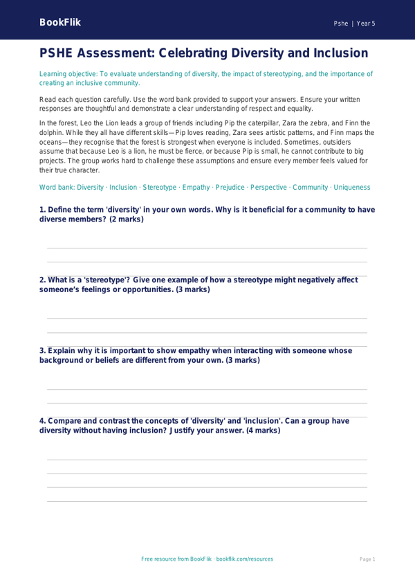 Free Diversity And Inclusion Assessment | Year 5 Greater Depth | BookFlik worksheet preview — Pshe Diversity And Inclusion