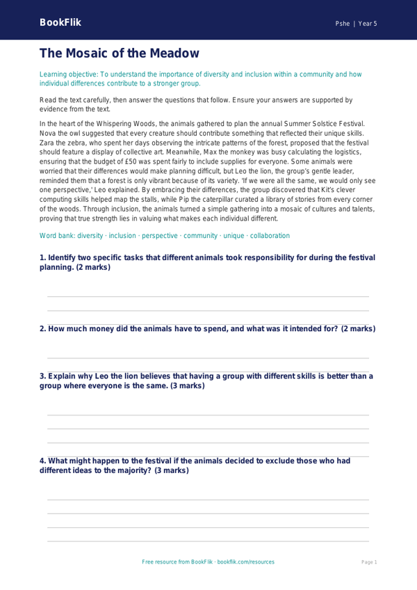 Free Diversity And Inclusion Comprehension | Year 5 Greater Depth | BookFlik worksheet preview — Pshe Diversity And Inclusion