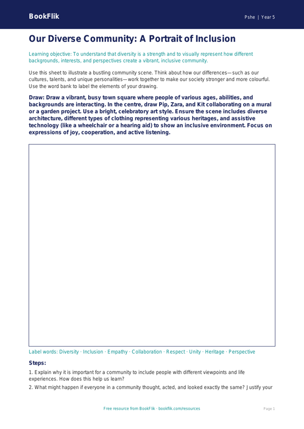 Free Diversity And Inclusion Drawing Sheet | Year 5 Greater Depth | BookFlik worksheet preview — Pshe Diversity And Inclusion