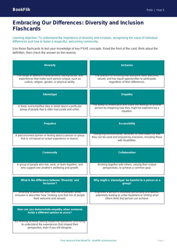 Free Diversity And Inclusion Flashcards | Year 5 Greater Depth | BookFlik worksheet preview — Pshe Diversity And Inclusion