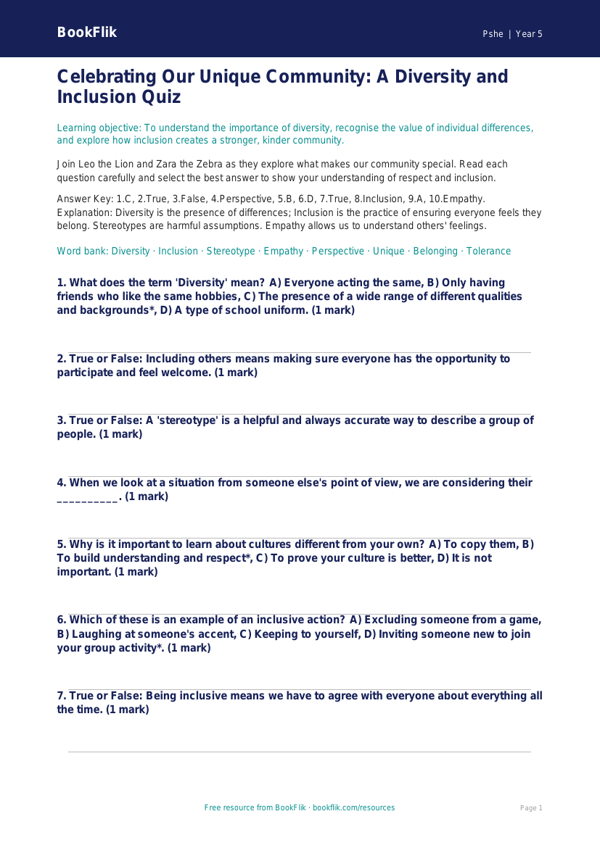 Free Diversity And Inclusion Quiz | Year 5 Greater Depth | BookFlik worksheet preview — Pshe Diversity And Inclusion