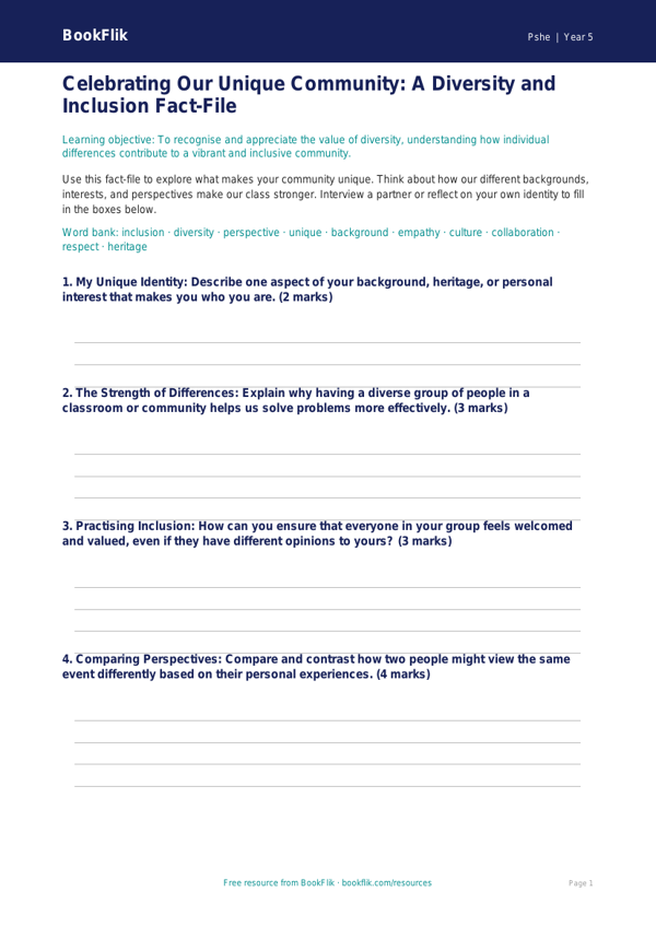 Free Diversity And Inclusion Template | Year 5 Greater Depth | BookFlik worksheet preview — Pshe Diversity And Inclusion