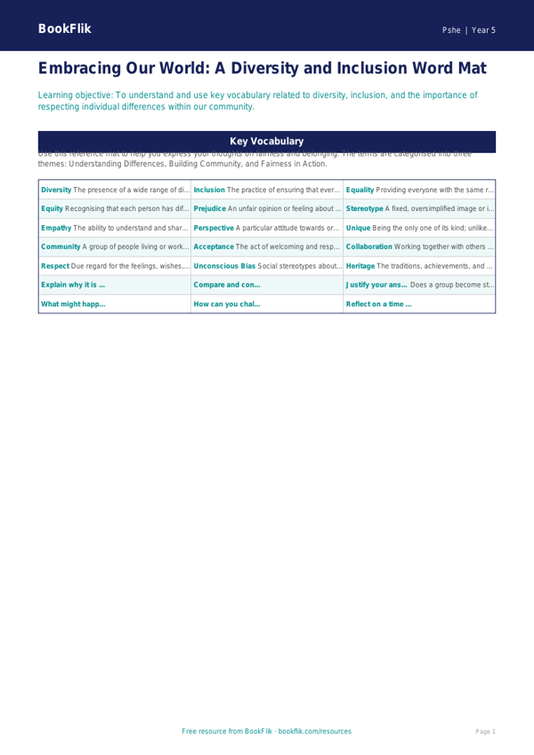 Free Diversity And Inclusion Word Mat | Year 5 Greater Depth | BookFlik worksheet preview — Pshe Diversity And Inclusion