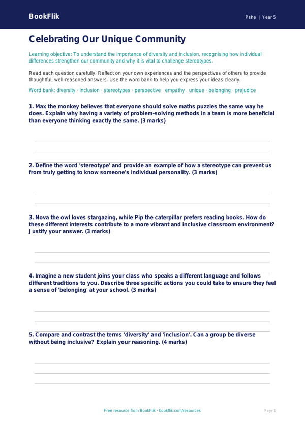 Free Diversity And Inclusion Worksheet | Year 5 Greater Depth | BookFlik worksheet preview — Pshe Diversity And Inclusion