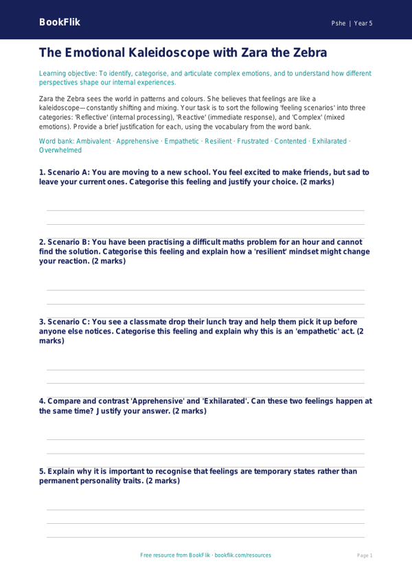 Free Feelings Activity Sheet | Year 5 Greater Depth | BookFlik worksheet preview — Pshe Feelings